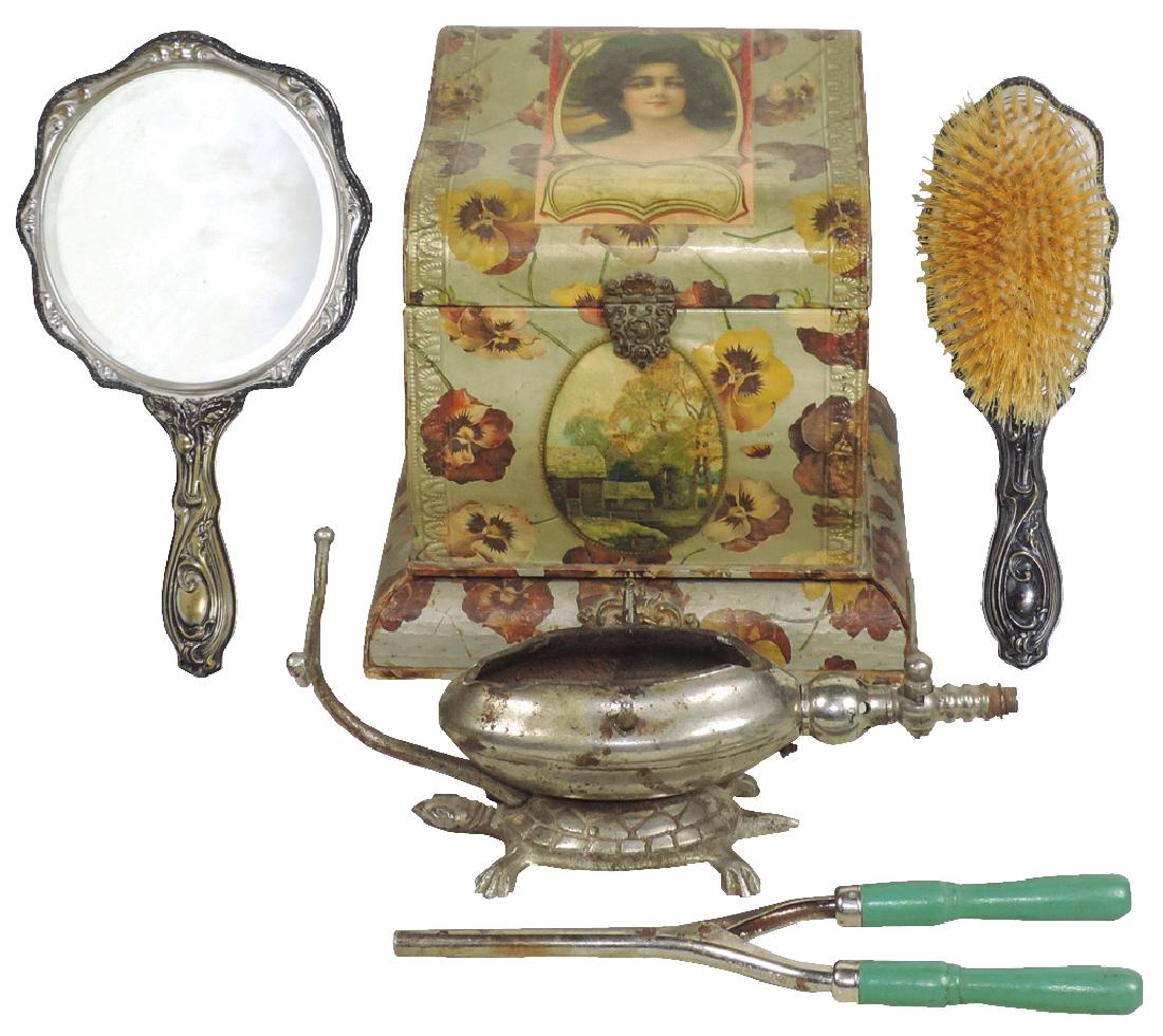 Dresser items (5), Victorian collar box, silver plated: Dresser items (5), Victorian collar box, silver plated brush w/hand mirror & curling iron w/turtle base marked Halliwell Shelton, all Good/VG cond, up to 8"H x 8"W.