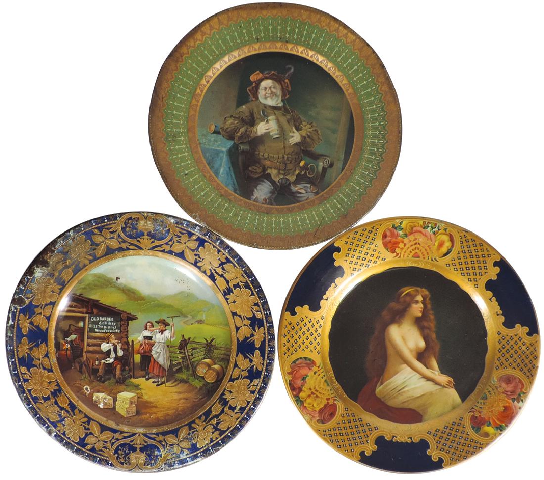 Vienna Art plates (3), 1905 Semi-Nude, Old Barbee: Vienna Art plates (3), 1905 Semi-Nude, Old Barbee Distillery-Louisville & man w/beer stein from Sterling Tea Co., all colorful lithos on metal in VG+, Good & VG cond, up to 10"Dia.