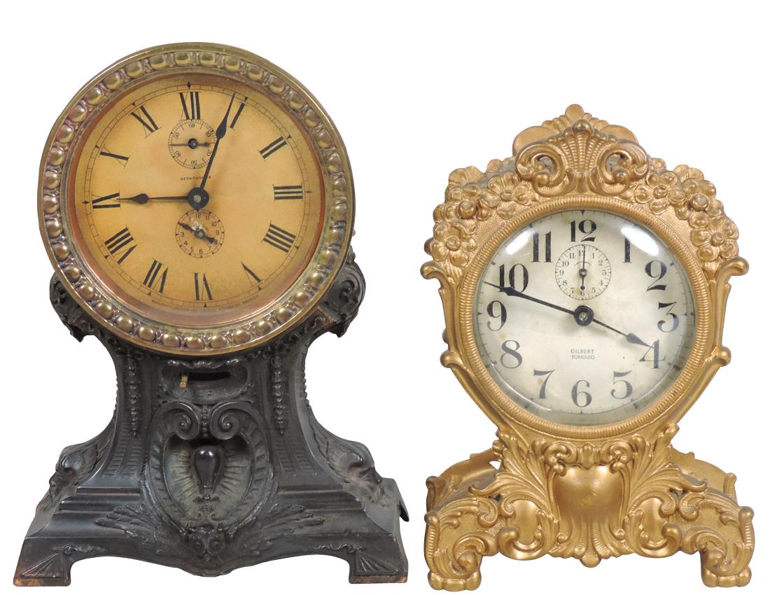 Clocks (2), Gilbert Tornado, fancy brass mantel clock,: Clocks (2), Gilbert Tornado, fancy brass mantel clock, marked 1901 & Seth Thomas w/splits in brass housing, both fancy cast brass in non-wkg cond, 9" & 10'H.