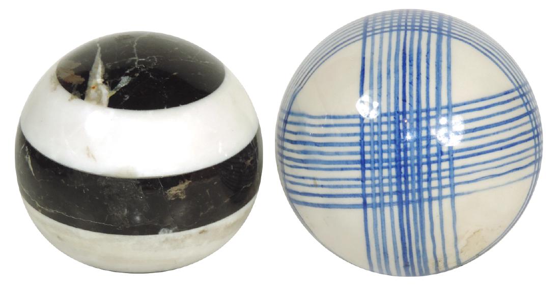 Carpet balls (2), crockery tartan plaid & black & white: Carpet balls (2), crockery tartan plaid & black & white marble sphere, both Exc cond, 3.5" & 3.25"Dia.