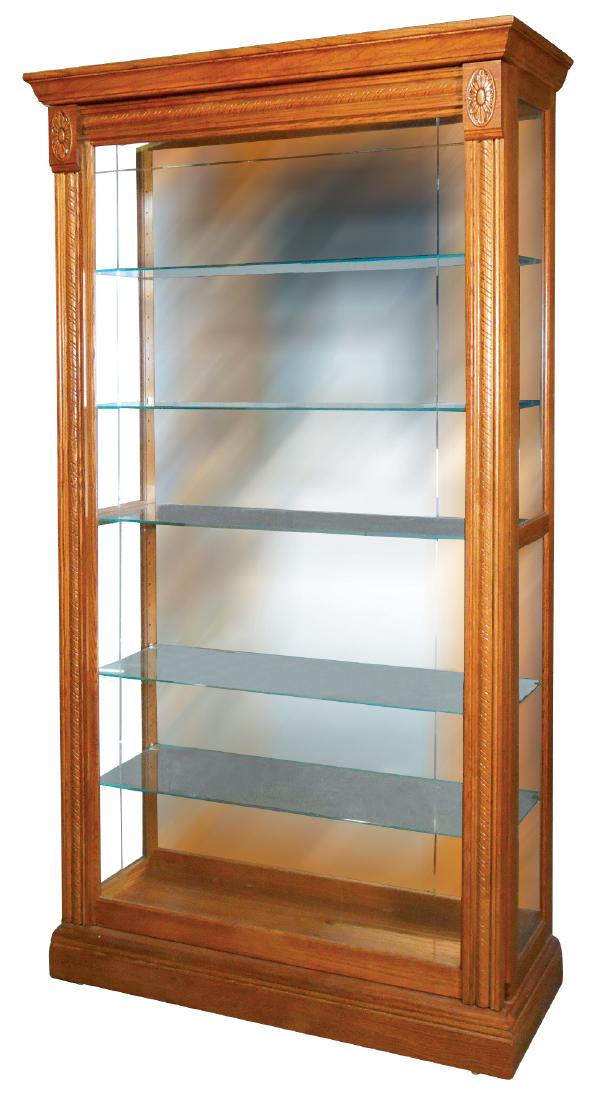 Showcase, newer oak floor lighted case, etched 2-way: Showcase, newer oak floor lighted case, etched 2-way sliding glass door on front w/glass shelves, mfgd by Pulaski Furniture, side lock w/key, Exc cond, 80"H x 40"W.