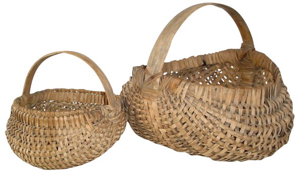 Melon baskets (2); both 18-rib, tight weave & wide: Melon baskets (2); both 18-rib, tight weave & wide rim, both 19th Century, smaller basket in Exc. condition, larger basket is brittle w/significant loss on one end, 4"H x 8"W x 8"D & 7"H x 12"W x 11"D