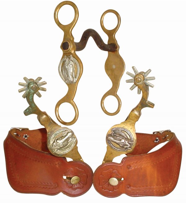 Spurs & horse bit, August Buermann Hercules Bronze: Spurs & horse bit, August Buermann Hercules Bronze star stamped spurs w/tooled leathers, silver horse in horseshoe medallion, complete w/matching bit, 1.5" rowels are missing 1 pt., otherwise all pcs.