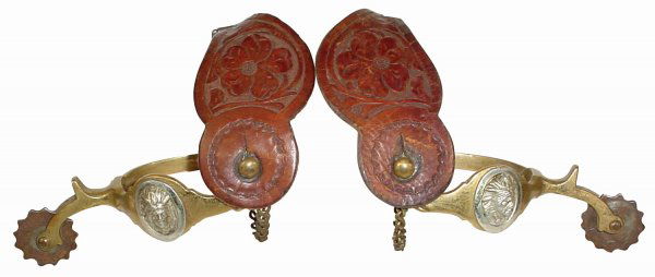 Spurs, August Buermann, marked with a star & Hercu: Spurs, August Buermann, marked with a star & Hercules Bronze, Indian chief cameo on side, tooled leathers, VG condition.