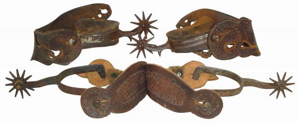 Spurs (2) pr.; August Buermann & early Montgomery: Spurs (2) pr.; August Buermann & early Montgomery Ward, Buermann w/tooled leathers in VG condition, Montgomery Ward pr. in Good condition.