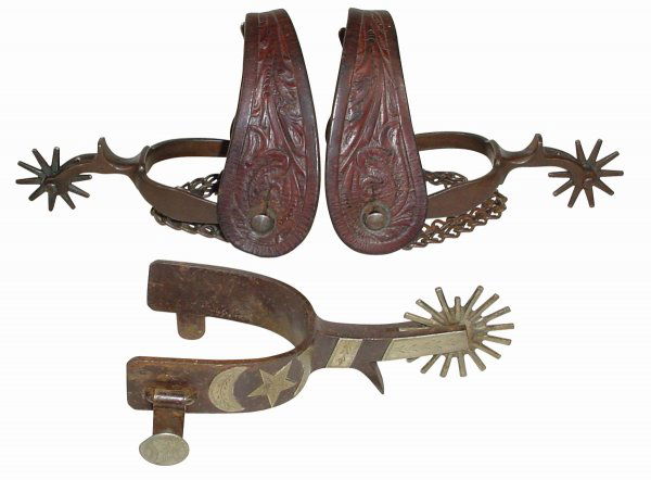 Spurs (3); August Buermann steel pair w/tooled lea: Spurs (3); August Buermann steel pair w/tooled leathers, 1.75" rowels, VG condition & single Buermann spur w/inlaid silver moons & star, 2.5" rowels w/1 broken pt.