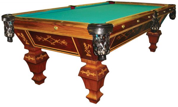 Pool table, Brunswick: Pool table, Brunswick, beautiful rosewood inlaid w/birdseye maple, ebony & figured walnut, rosewood rails w/inlaid diamonds, 4 slate top, c.1885, Restored condition w/new cloth, 4 x 8 ft.