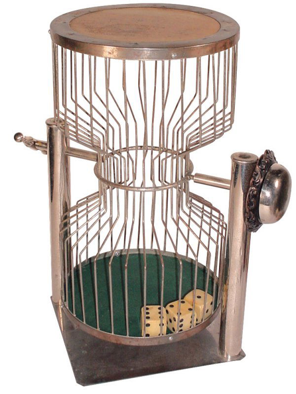 Gambling, chuck-a-luck cage w/square base, nickel-: Gambling, chuck-a-luck cage w/square base, nickel-plated cast metal w/large bell on side, large ivory colored celluloid dice, VG condition, 18"H.