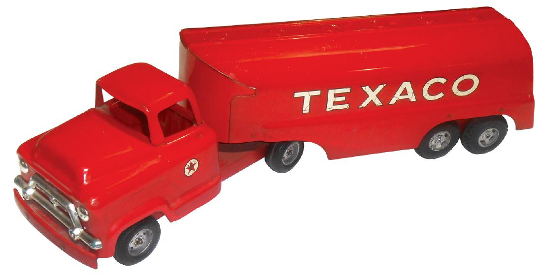 Toy gasoline tanker, Texaco, mfgd by Buddy L, pressed: Toy gasoline tanker, Texaco, mfgd by Buddy L, pressed steel w/orig Buddy L decals & Moline Pressed Steel decal on bottom, Exc cond, 24"L.