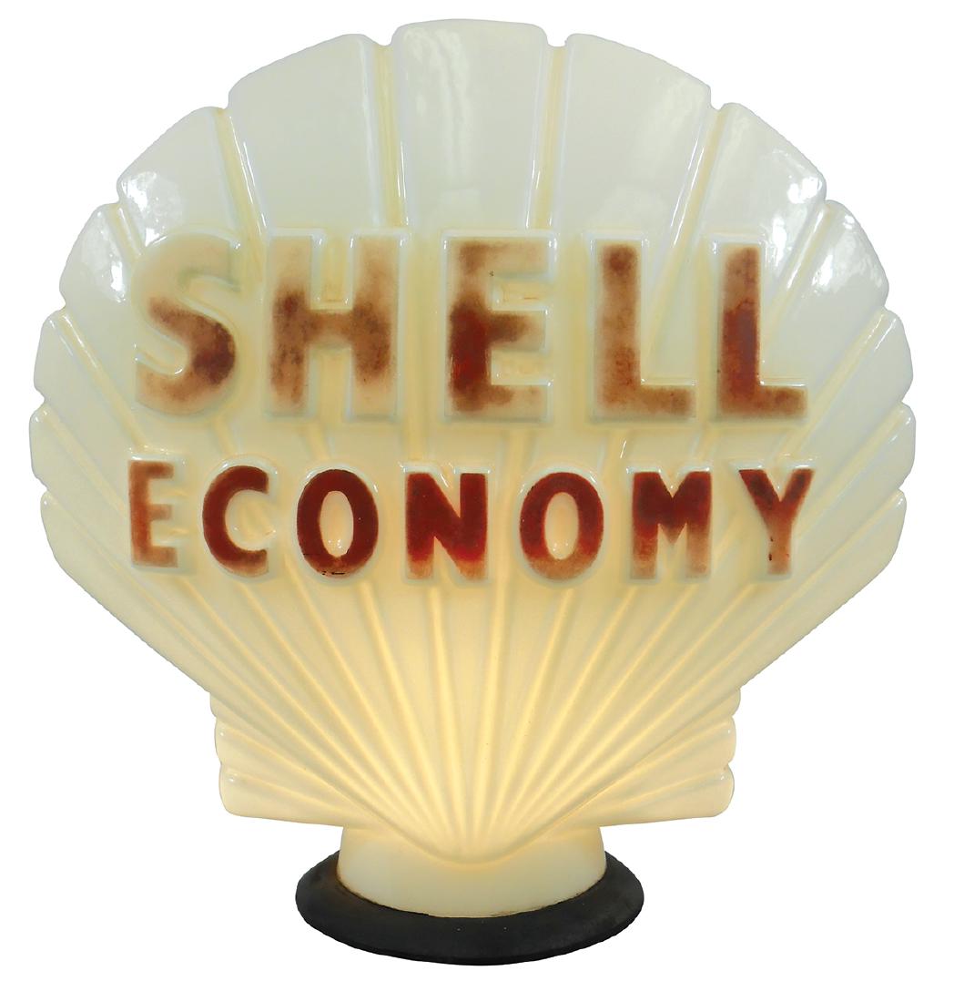 Gasoline globe, Shell Economy, orig glass shell shape w (1 of 2)