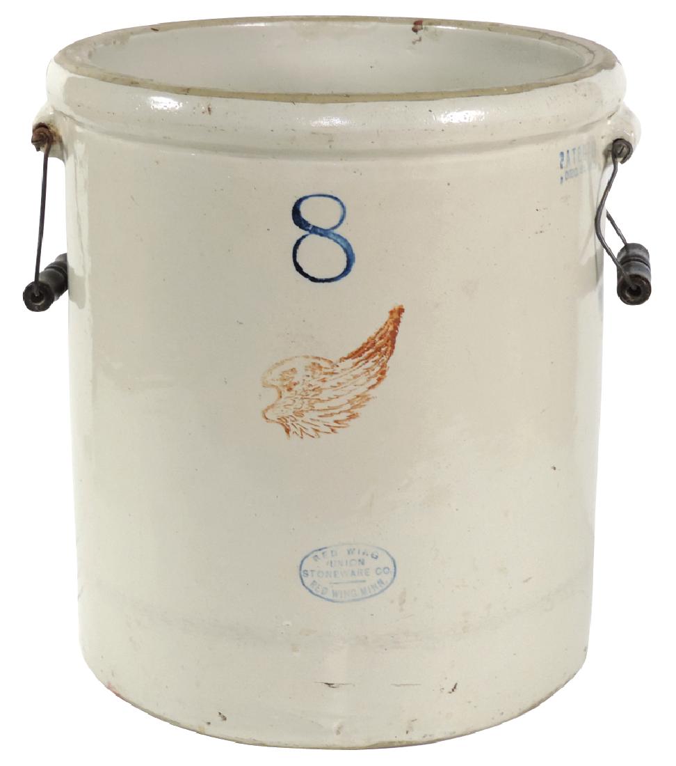 Stoneware crock w/bail handles, Red Wing 8-gal, short: Stoneware crock w/bail handles, Red Wing 8-gal, short age crack at bottom, o/wise Exc cond, 16"H x 14"Dia.