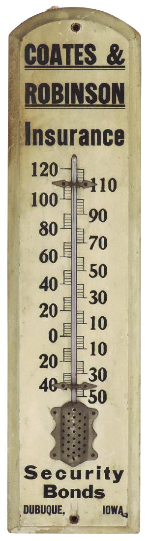 Advertising thermometer, Coates & Robinson: Advertising thermometer, Coates & Robinson Insurance-Dubuque, IA, wood, Exc wkg cond, 21"H x 5.5"W.