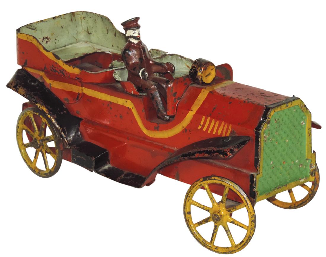 Toy roadster w/driver, sheet steel w/cast metal wheels, (1 of 1)