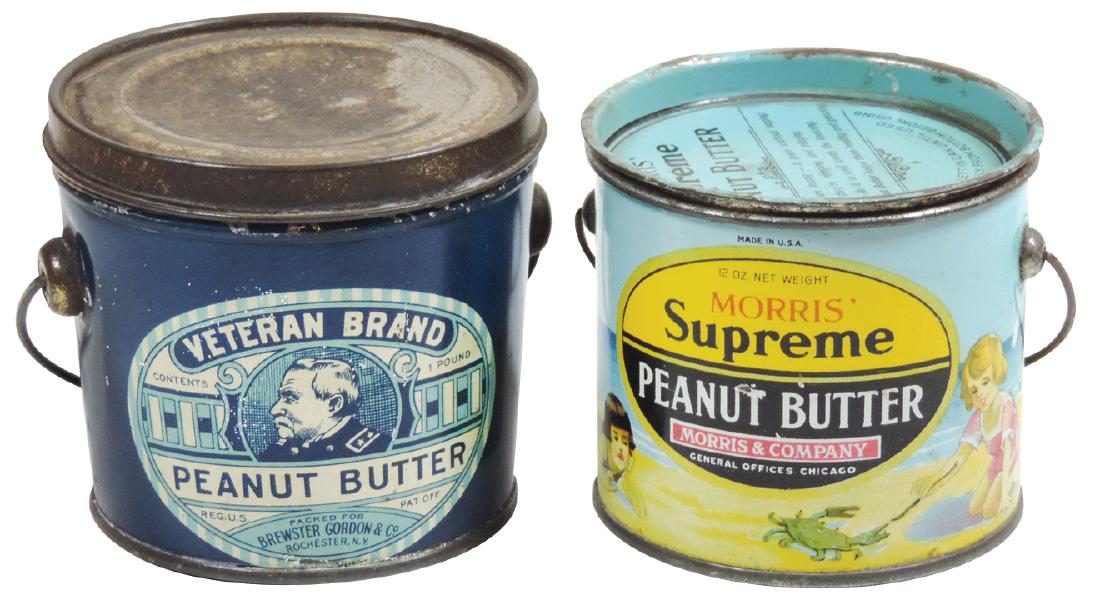 Peanut Butter pails (2), Veteran Brand 1-lb. tin &: Peanut Butter pails (2), Veteran Brand 1-lb. tin & Morris' Supreme 12-oz. tin, minor discoloration on Veteran lid & minor surface loss on seam of Morris', o/wise both VG/Exc cond, 3.5" & 3.25"H.