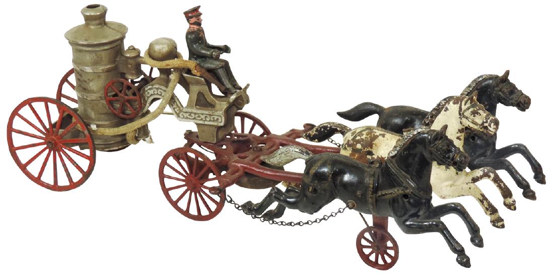 Toy horse-drawn fire pumper w/driver, cast iron, paint (1 of 1)