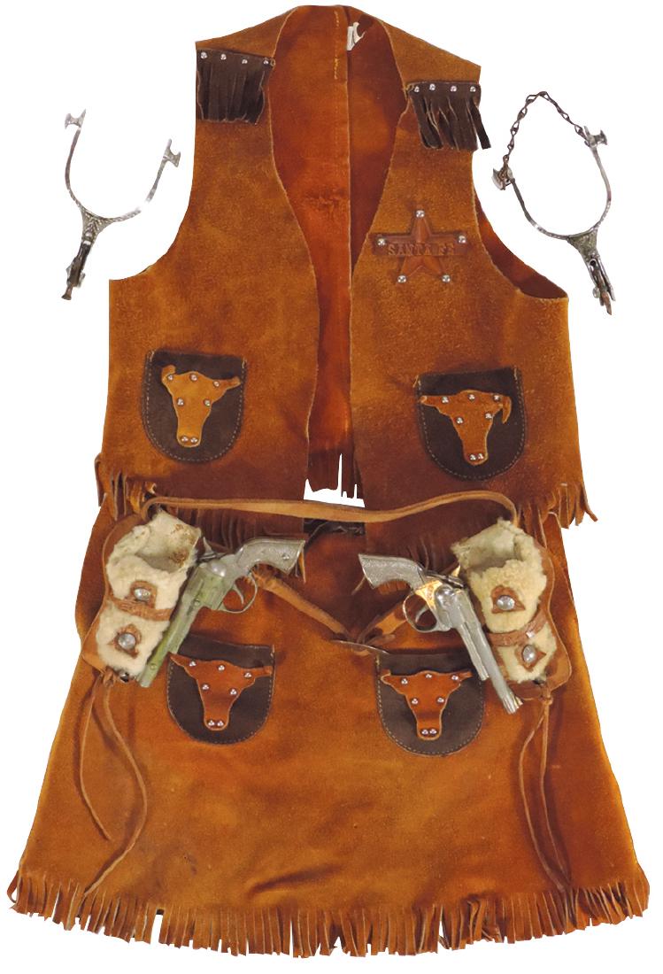 Cowgirl clothing, fringed 2-tone leather vest & skirt: Cowgirl clothing, fringed 2-tone leather vest & skirt w/"Santa Fe" star & steerhead trim, Size M, leather double holster w/matching "Pet" pistols & metal spurs, one missing chain, o/wise all in Exc co