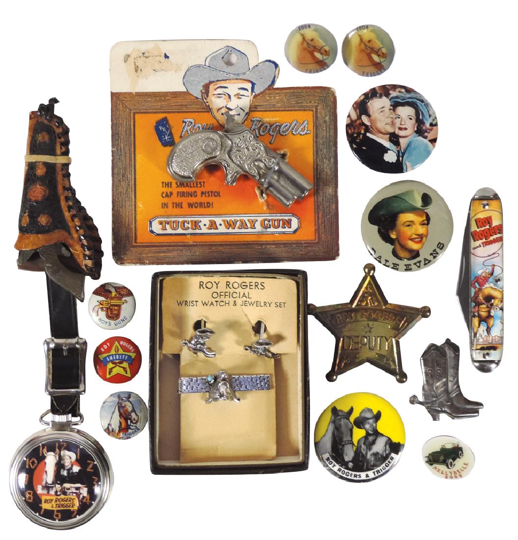 Roy Rogers & Trigger pocket watch w/pistol fob: Roy Rogers & Trigger pocket watch w/pistol fob (non-running), RR Tuck-A-Way Gun on orig display card, RR Official Tie Bar & Cuff Link set, RR Deputy badge, RR boots pinback, RR knife & 9 metal photo p