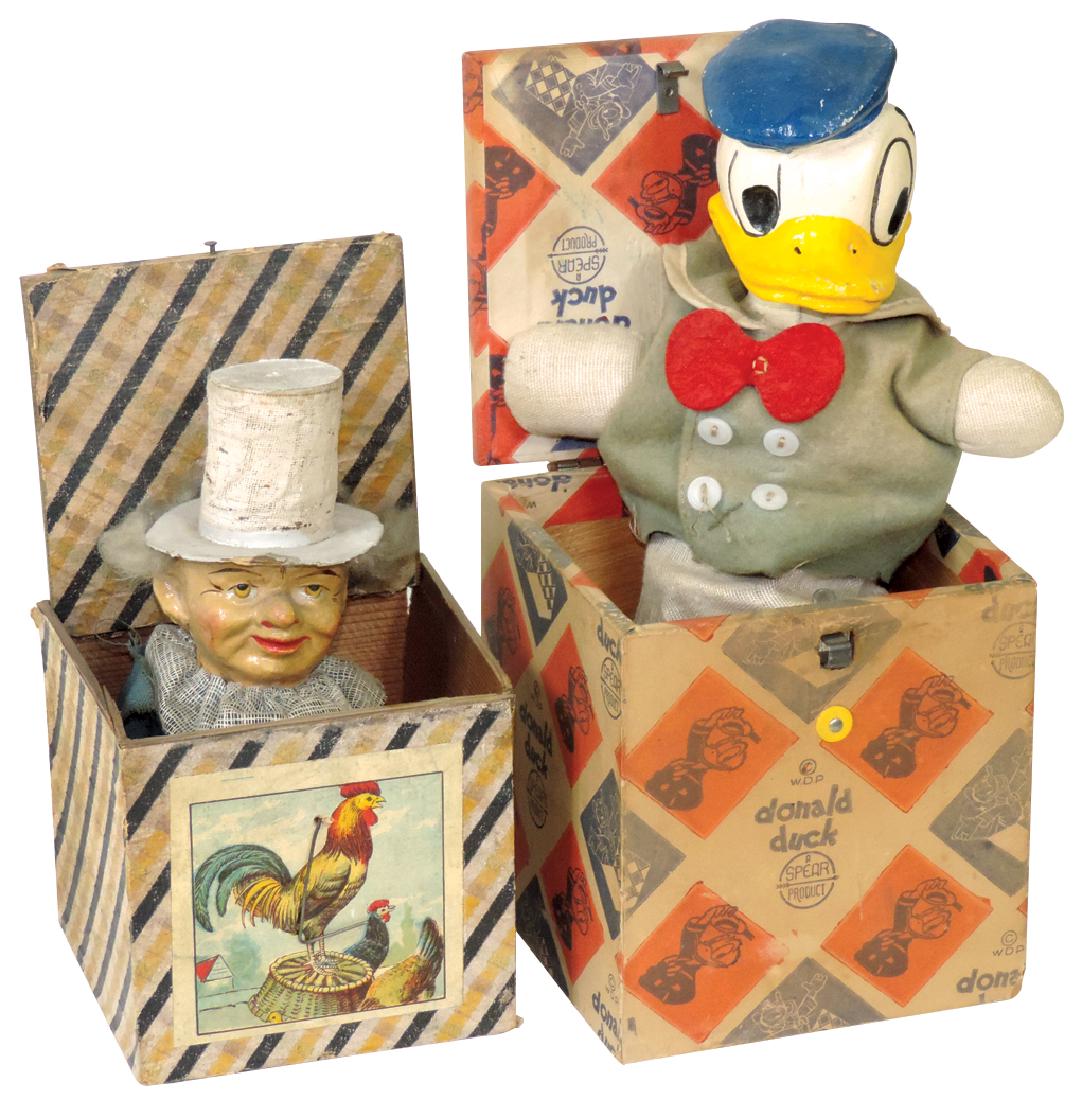 Toys (2), Foxy Grandpa & Donald Duck pop-ups, Spear: Toys (2), Foxy Grandpa & Donald Duck pop-ups, Spear Prod, papier-mache w/cloth bodies, Exc cond, up to 9.5"H when upright, Foxy Grandpa box has detached lid, o/wise boxes VG cond.