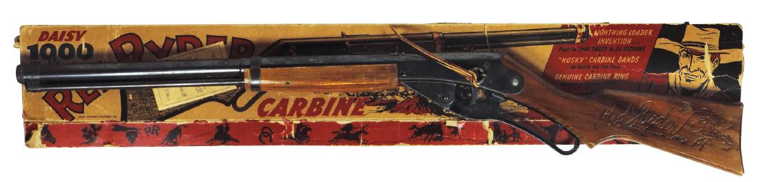 Toy gun, Red Ryder Carbine, Daisy No. 111 Model 40,: Toy gun, Red Ryder Carbine, Daisy No. 111 Model 40, c.1947, wood & cast metal, BB gun in VG cond, comes w/orig box that's missing end flaps, 36"L.