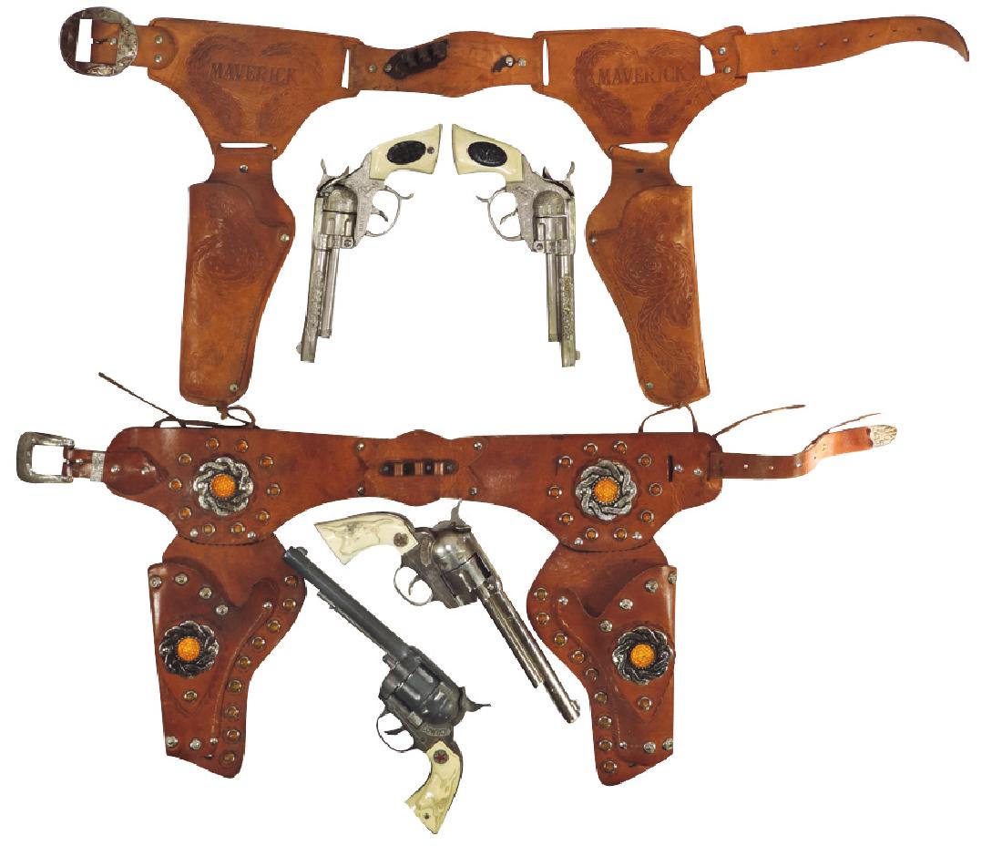 Toy cap guns w/holsters (2), leather double holster (1 of 1)