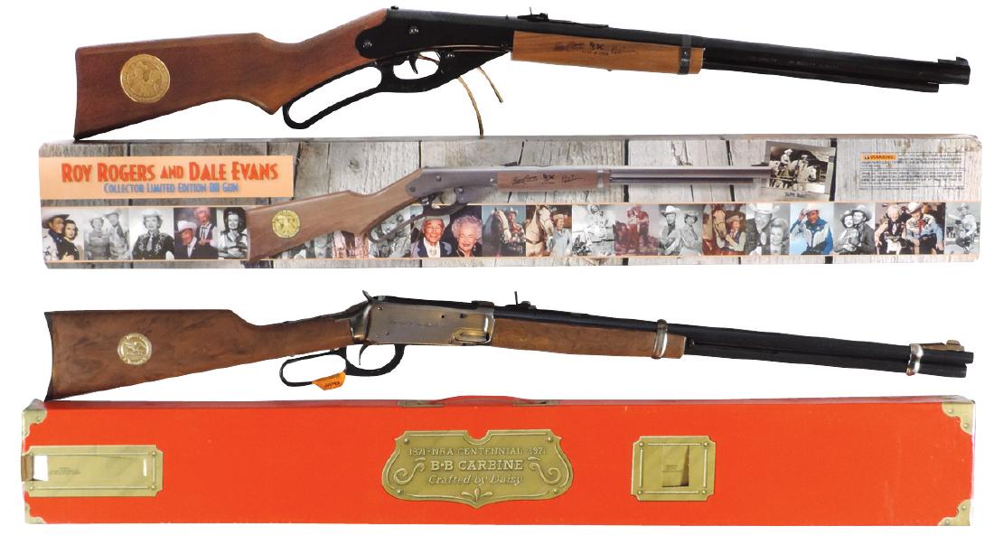 BB guns (2), both mfgd by Daisy, BB Carbine air rifle: BB guns (2), both mfgd by Daisy, BB Carbine air rifle w/wkg lever action, 1871-NRA CENTENNIAL-1971 engraved on receiver, NRA Commemorative Medallion inlaid in stock, Near-Mint cond w/orig box, 38"L & 