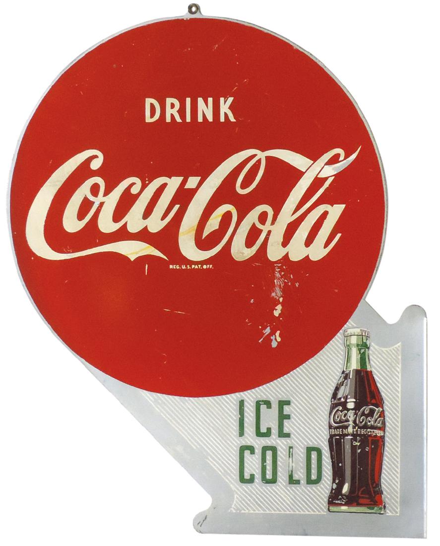 Coca-Cola sign, metal flange, VG cond w/some surface: Coca-Cola sign, metal flange, VG cond w/some surface loss, 23"H x 18"W.