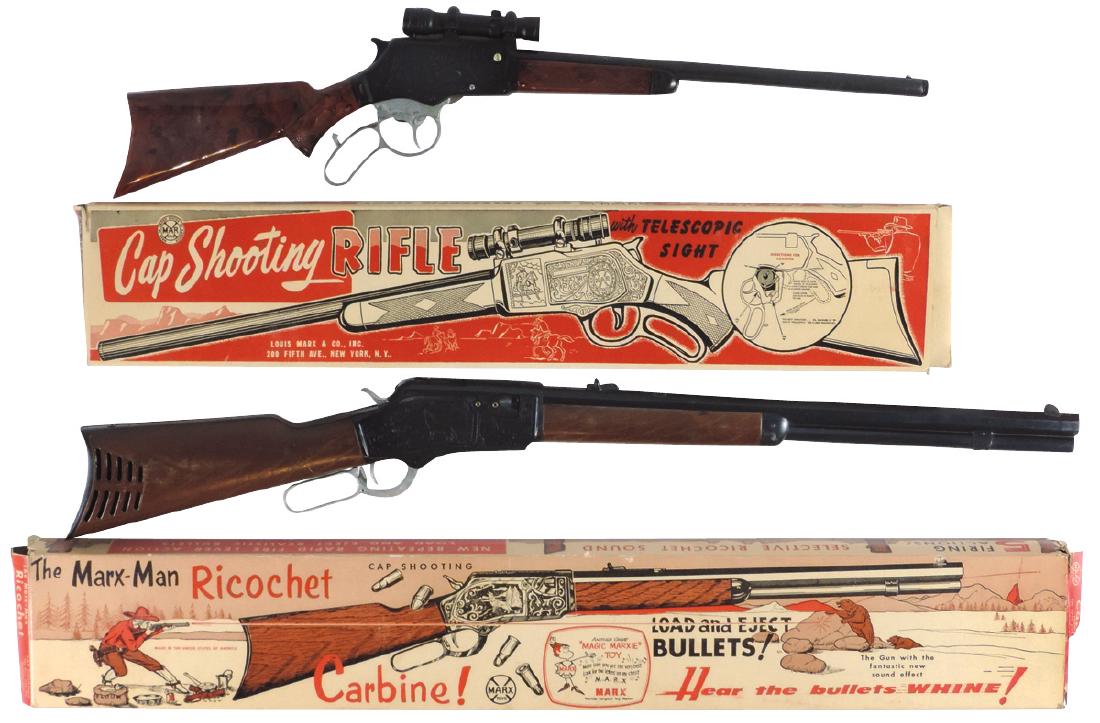 Toy rifles (2), Marx, The Marx-Man Ricochet Carbine,: Toy rifles (2), Marx, The Marx-Man Ricochet Carbine, plastic/metal, (5) firing actions, Exc wkg cond, 33"L & Cap Shooting Rifle w/Telescopic Sight, plastic/metal, Exc wkg cond, 26.5"L, both w/orig box