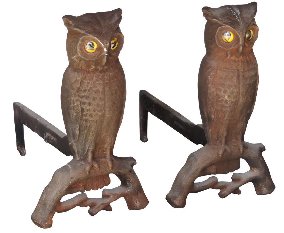 Fireplace andirons, cast iron owls w/glass eyes, marked