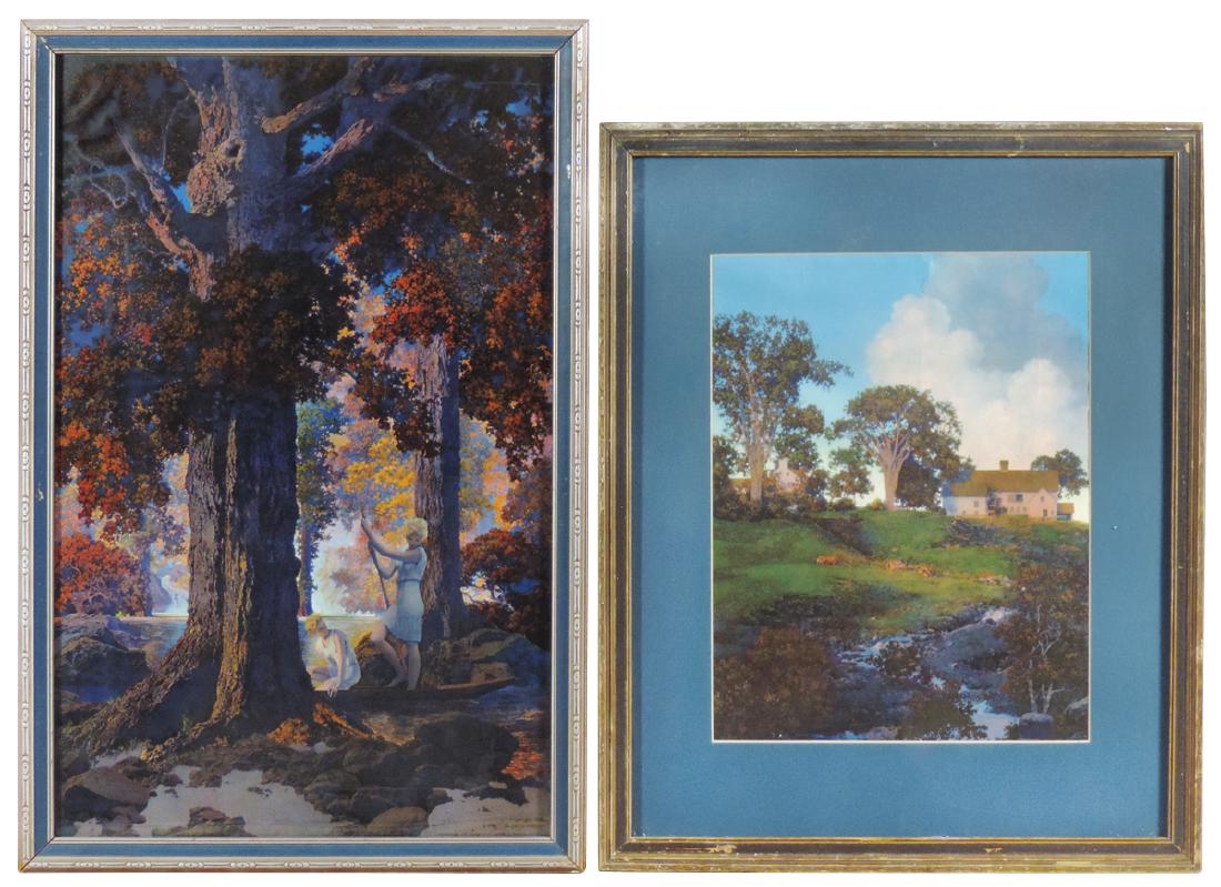 Maxfield Parrish prints (2), Daybreak-Hunt Farm, 1951,: Maxfield Parrish prints (2), Daybreak-Hunt Farm, 1951, print Exc, frame shows wear, 21.5"H x 17.5"W & Golden Hours, 1929, Exc cond, 24.5"H x 18"W.