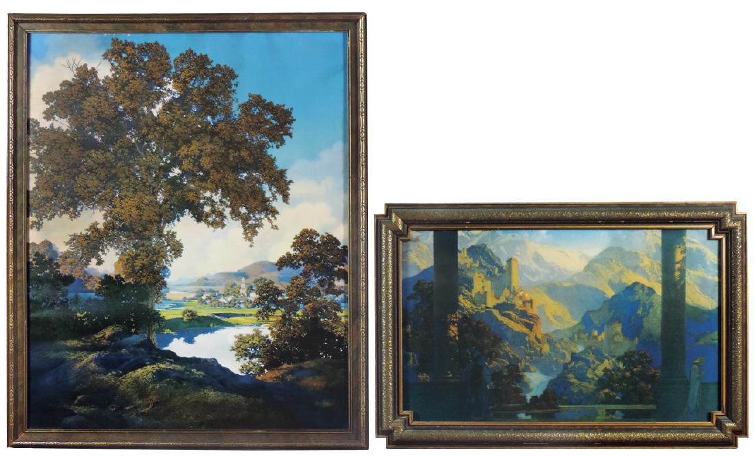 Maxfield Parrish prints (2), Romance, 1925, Exc cond,: Maxfield Parrish prints (2), Romance, 1925, Exc cond, 18"H x 28"W & Peaceful Valley, 1936, Exc cond, 36"H x 32"W, both in orig frames.