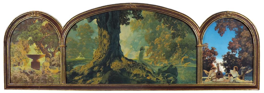 Maxfield Parrish triptych, Reveries, Dreaming & Lute: Maxfield Parrish triptych, Reveries, Dreaming & Lute Players, Exc cond in orig gold wood frame, 19.5"H x 58"W.