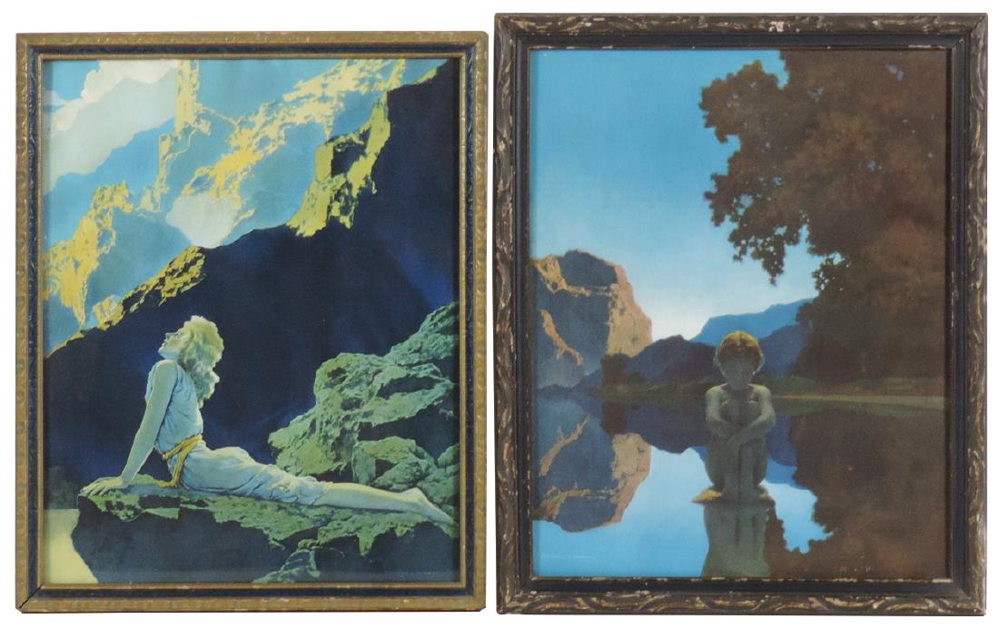 Maxfield Parrish prints (2), Evening by Reinthal &: Maxfield Parrish prints (2), Evening by Reinthal & Newman-NY., wood frame, soft ripples in print, o/wise VG cond, 16.75"H x 13.75"W & Wild Geese by Reinthal & Newman-NY, wood frame, Exc cond, 16.75"H