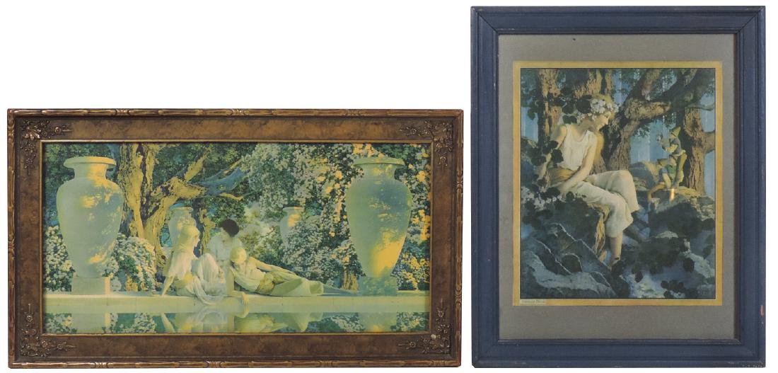 Maxfield Parrish prints (2), Garden of Allah, c.1918,: Maxfield Parrish prints (2), Garden of Allah, c.1918, printed for C.A. Crane Candy Co., NY & Cleveland, in gold period wood frame, print slightly faded, o/wise Exc cond, 11.5"H x 21.5"W & Girl with El