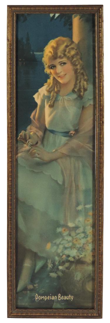 Print, Yard Long Lady, Pompeian Beauty, from 1923,: Print, Yard Long Lady, Pompeian Beauty, from 1923, framed to show advertisement for Pompeian Beauty Products on back, Exc cond, 29"H x 9"W.