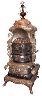 Stove, Art Garland #300 baseburner, Michigan Stove: Stove, Art Garland #300 baseburner, Michigan Stove Co.-Detroit, MI, cast iron w/nickel-plated Griffins on 2 corners, VG/Exc cond w/repair on rear casting by chimney, 5'H, base 24"Sq.