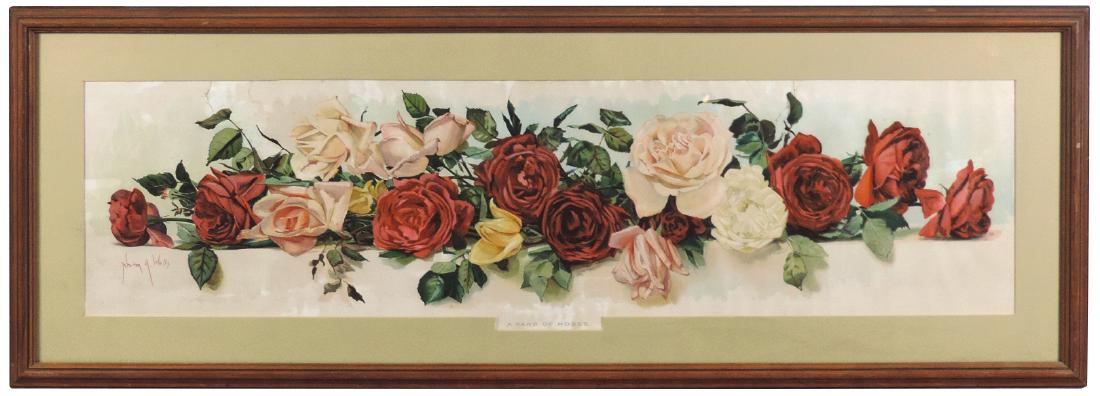 Yard Long print, "A Yard of Roses", Newton A. Wells: Yard Long print, "A Yard of Roses", Newton A. Wells artist, VG cond w/a few old breaks in paper at top border, prof matted & framed, 14.5"H x 40.5"W.