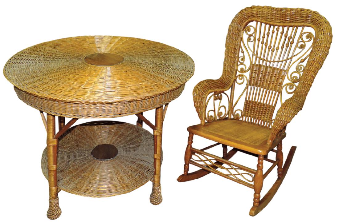 Furniture, wicker rocker & table, early 1900's, both (1 of 1)