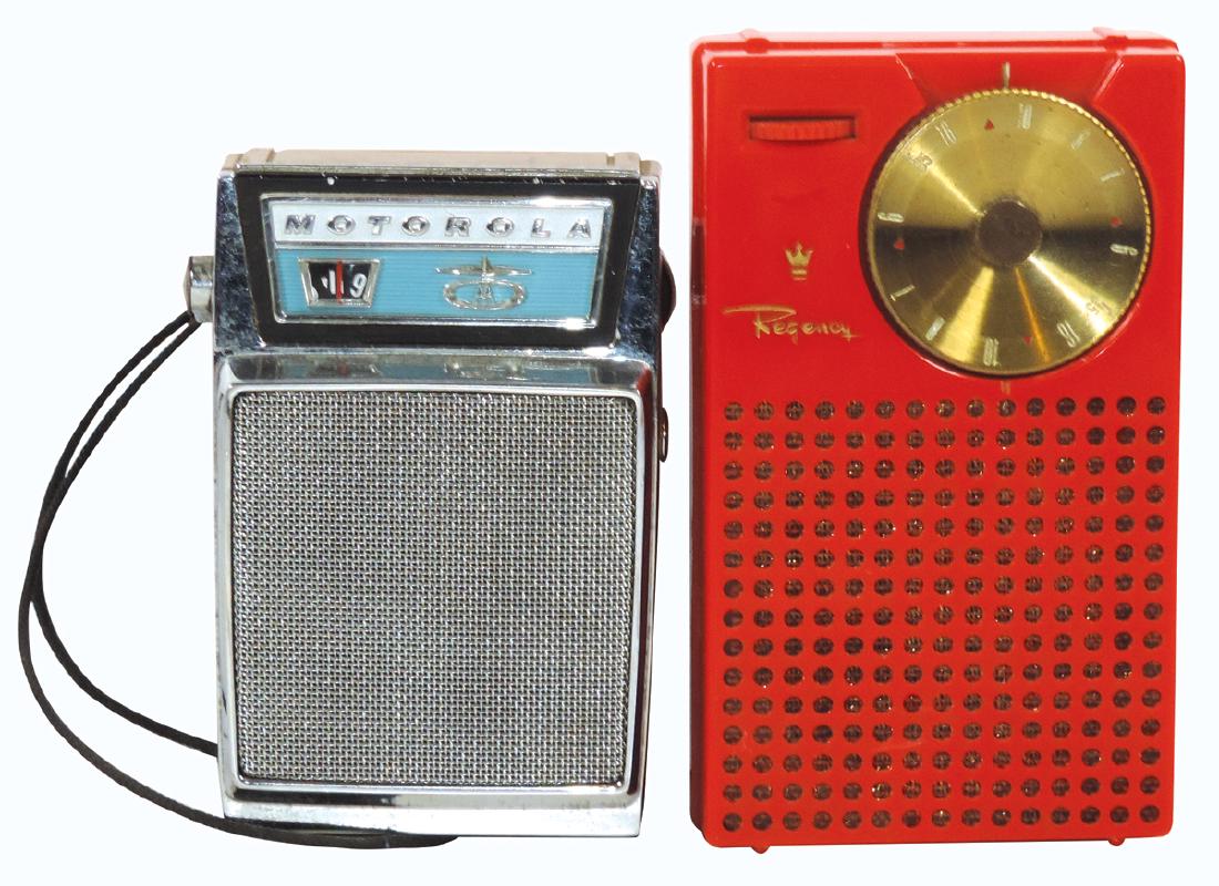 Radios (2), both transistors, Regency TR-1, red: Radios (2), both transistors, Regency TR-1, red plastic, c.1954, first transistor ever made, sliver of plastic missing from back cover, o/wise Exc cosmetic cond & Motorola X15N, metal w/brown plastic