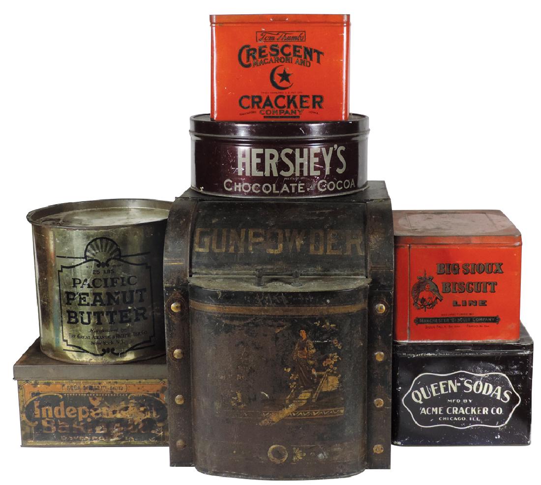 Country store tins (7), Independent Baking Co.,: Country store tins (7), Independent Baking Co., Crescent Cracker, Big Sue Biscuit, Queen Sodas, Pacific Peanut Butter, Hershey's Chocolate & Gun Powder Tea, all w/orig lids, Good cond, up to 17"H x 14