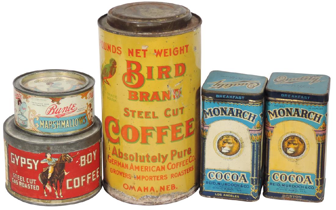 Country store tins (5), Bird Brand Coffee-Omaha, NE, (1 of 1)