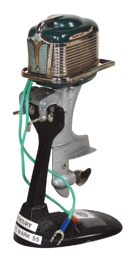 Toy boat motor, 1955 Mercury Mark 55 on metal display (1 of 1)