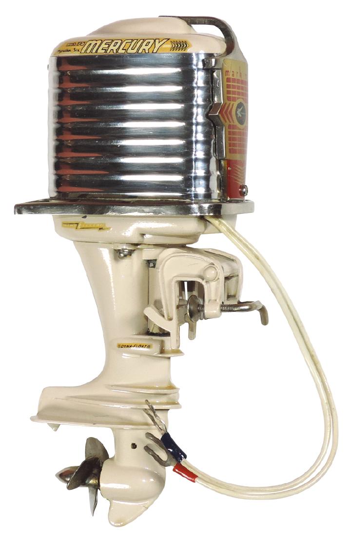 Toy boat motor, 1957 Kiekhaefer Mercury Mark 75: Toy boat motor, 1957 Kiekhaefer Mercury Mark 75 Marathon Six, mfgd by K&O, Rare Mint cond, 6"H x 2.5"W x 2"D.