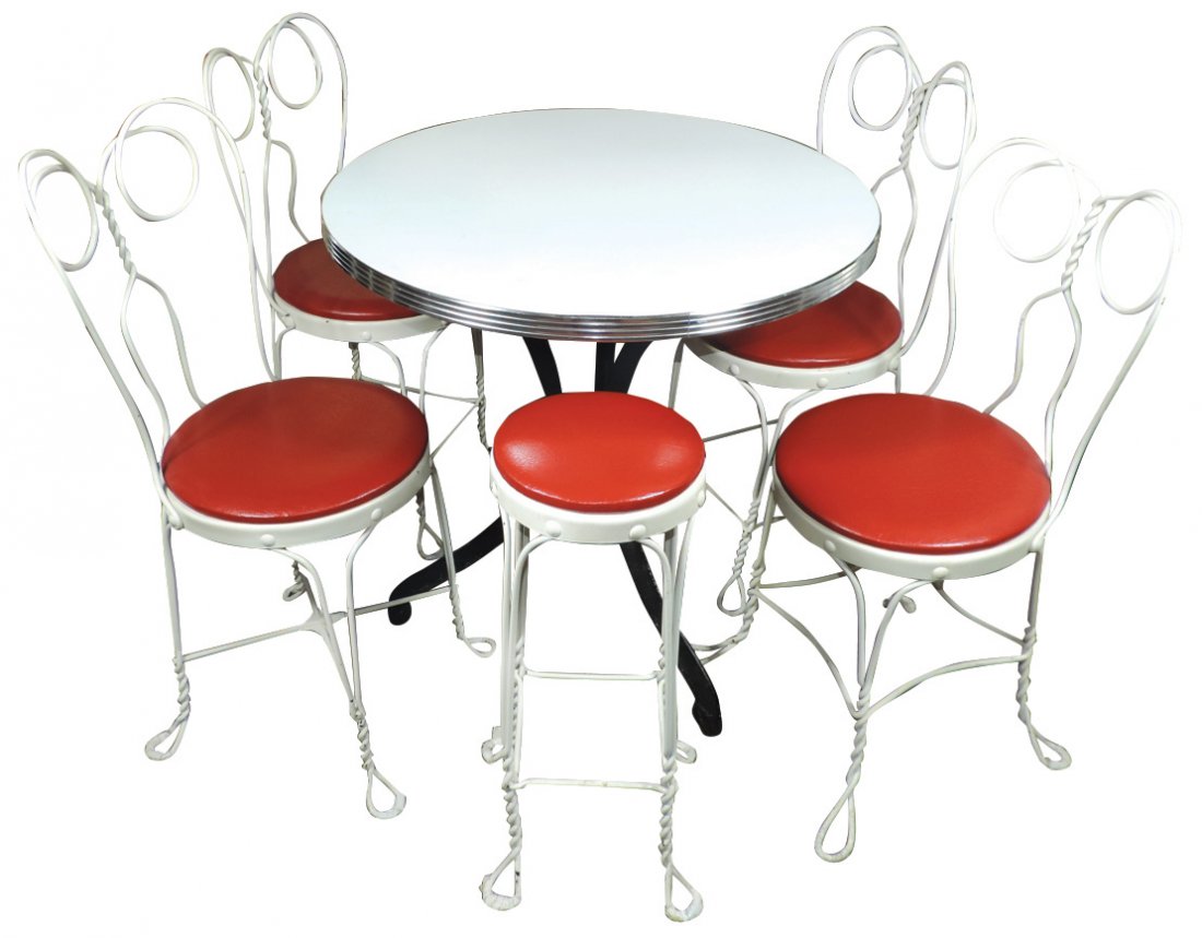 Soda fountain ice cream table, 4 chairs & stool, (1 of 1)