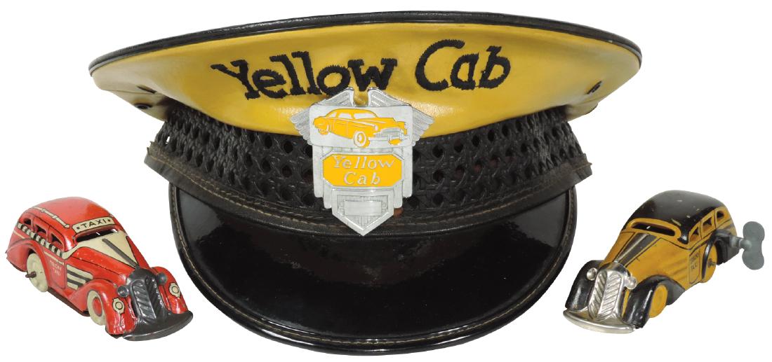 Toy taxi's & Yellow Cab hat, 2 Marx Tricky Taxi's both (1 of 1)