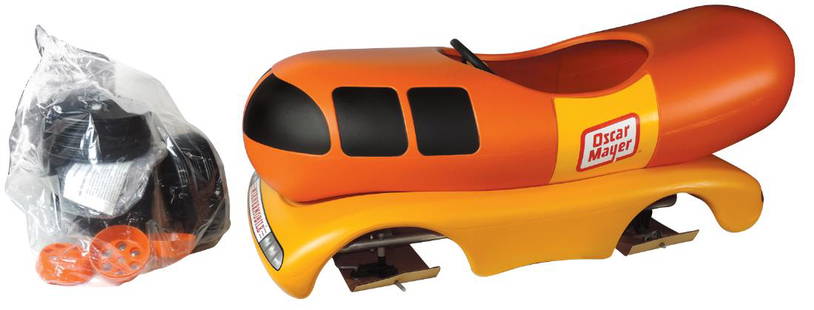 Children's pedal car, Oscar Mayer Wienermobile, molded: Children's pedal car, Oscar Mayer Wienermobile, molded plastic, c.1996, NOS in orig box, 19.5"H x 24"W x 46"L.