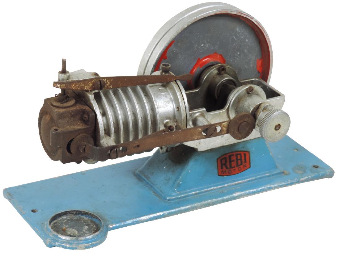 Steam toy, Rebi Flame Licker Motor Type R2, c.1950,: Steam toy, Rebi Flame Licker Motor Type R2, c.1950, most of red paint missing from flywheel, no burner, VG cond, base 9.5"H x 3.5"W.