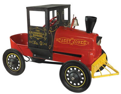 Children's pedal car, gold lettering reads "Casey Jones: Children's pedal car, gold lettering reads "Casey Jones The Cannonball Express, No.9", red and black painted steel body w/rubber-lined wheels & bell in front of cab, Exc cond, 24"H x 21"W x 35"L.