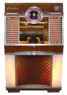 Coin-operated jukebox, H.C. Evans "Holiday", Model 4045: Coin-operated jukebox, H.C. Evans "Holiday", Model 4045 w/telephone dial selector, 50 records for 100 selections, c.1953, solid cabinet, in "As Found" cond, looks largely complete, machine has broken