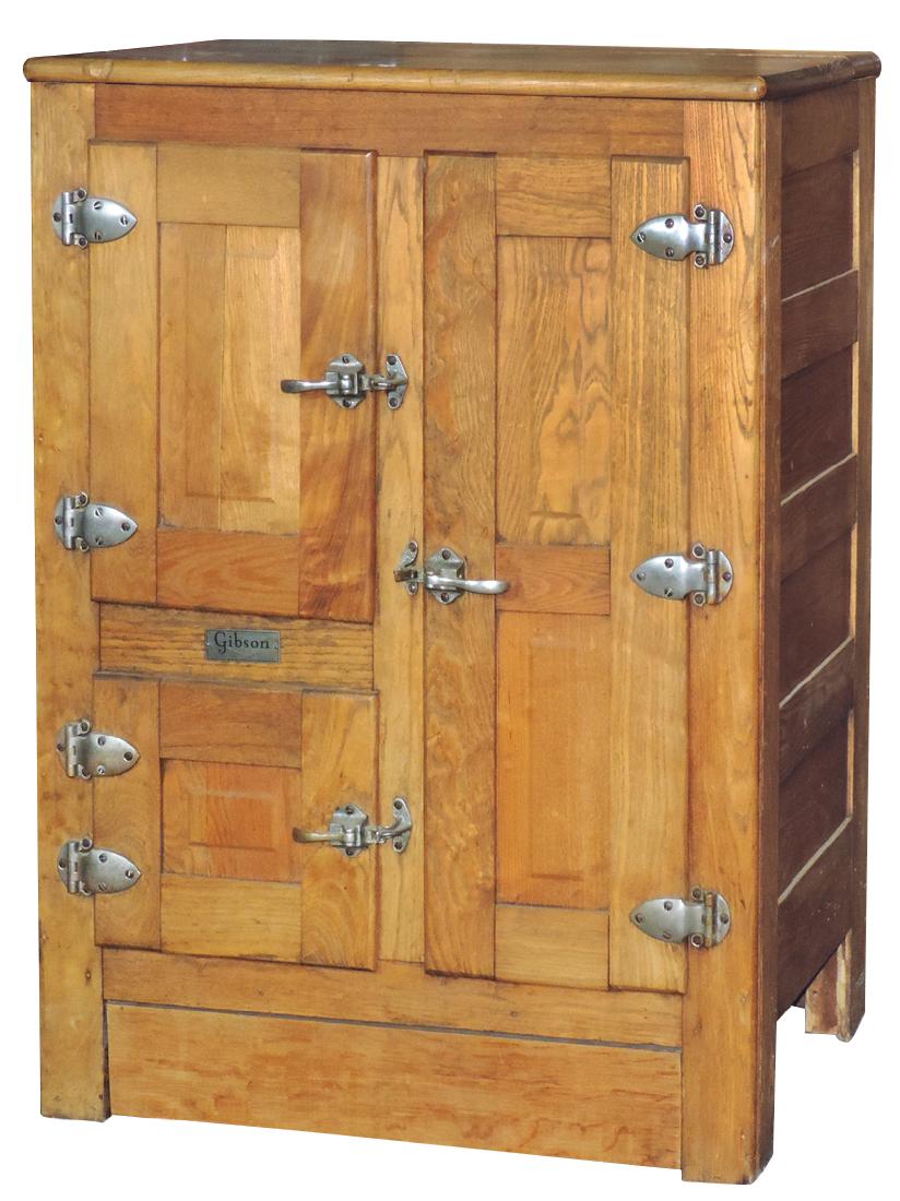 Furniture, icebox, Gibson, golden oak 3-door, porcelain (1 of 1)