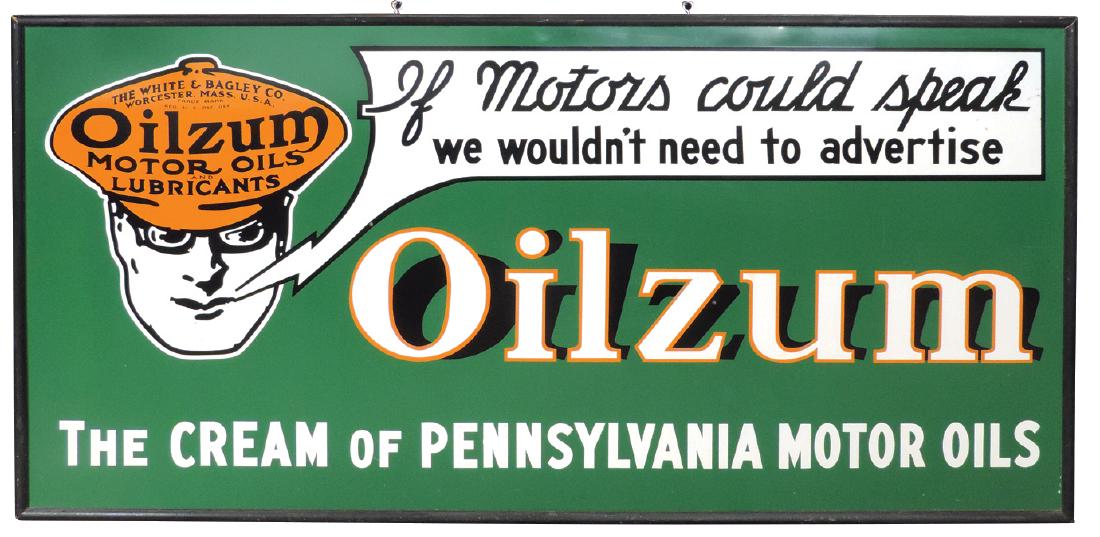 Petroliana sign, Oilzum Motor Oils, The White & Bagley (1 of 1)